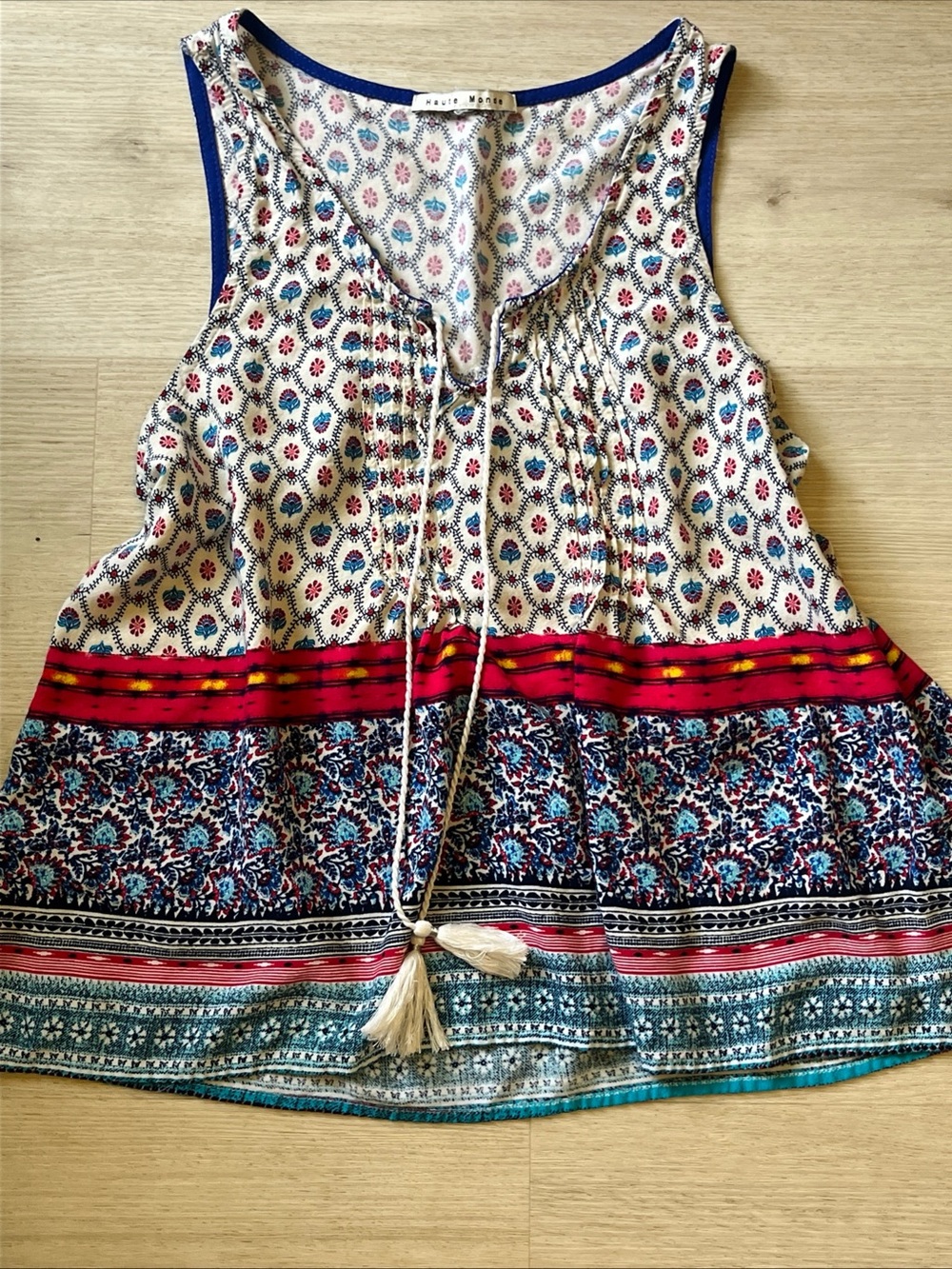 Haute Monde Cream Tank Top with Blue, Red & Teal Boho Print